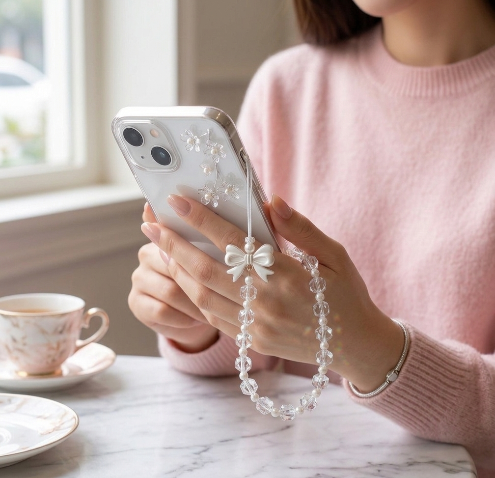 Crystal Elegance: Handcrafted Diamond-Cut Phone Charm with Pearl Bow