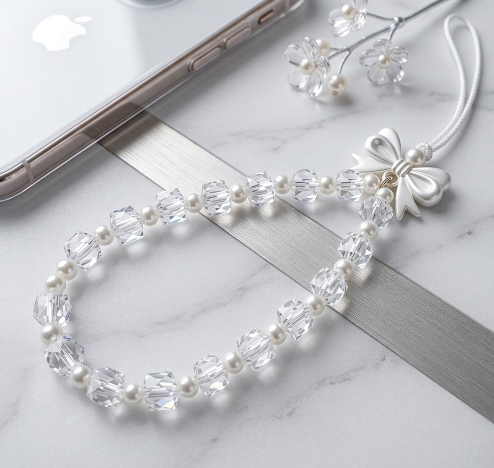 Crystal Elegance: Handcrafted Diamond-Cut Phone Charm with Pearl Bow